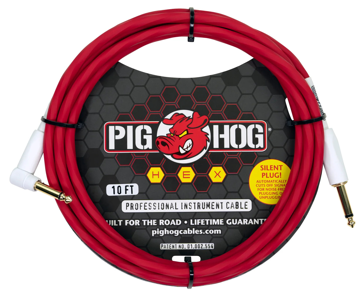 Pig Hog Hex Series Silent Cable 10 ft Candy Apple Red Straight to Right Angle