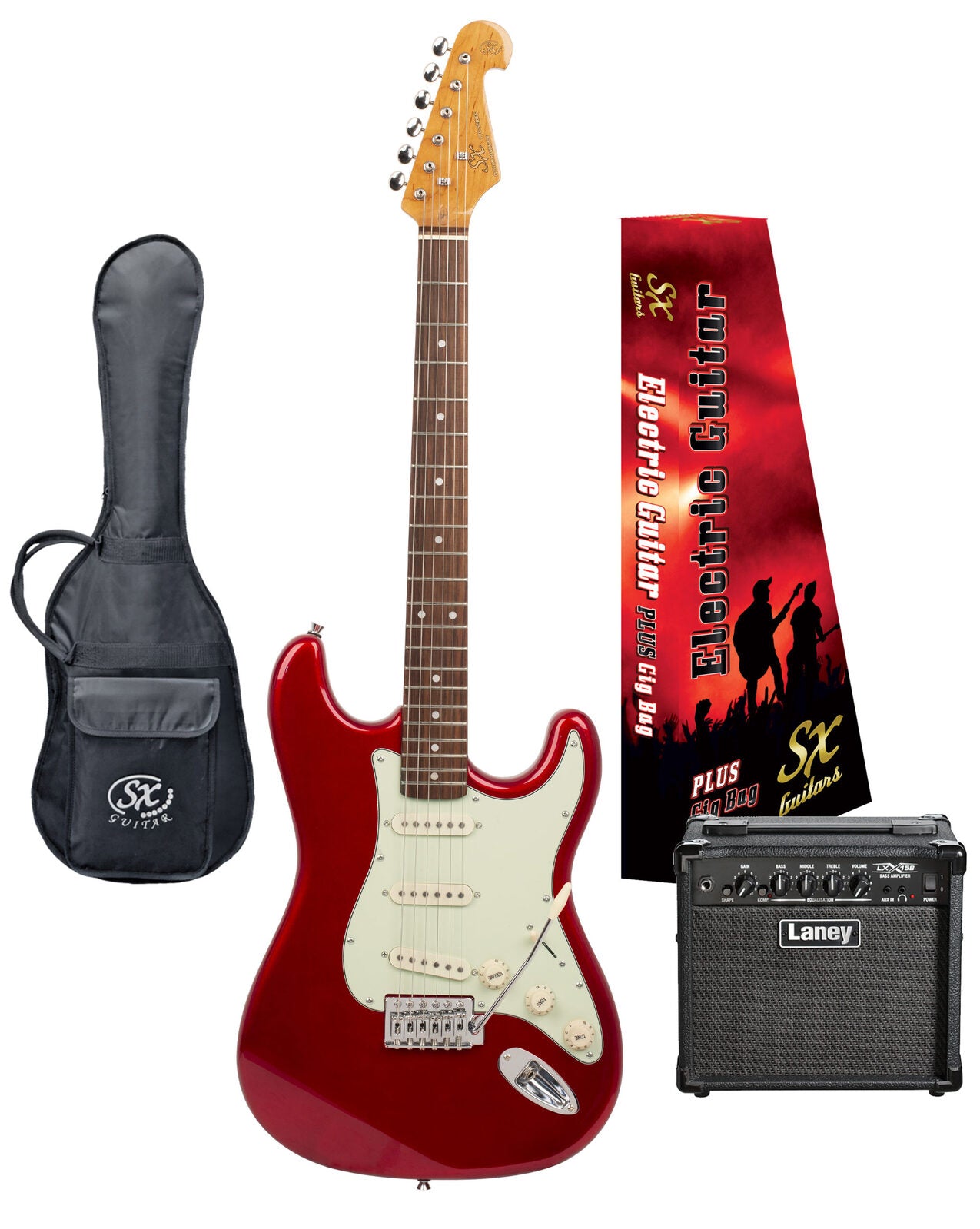 SX VES62 Guitar + LANEY LX15 Amp Package - Candy Apple Red