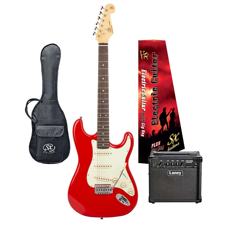 SX VES62FR SC Style Guitar + LANEY LX15 Amp Package - Fiesta Red