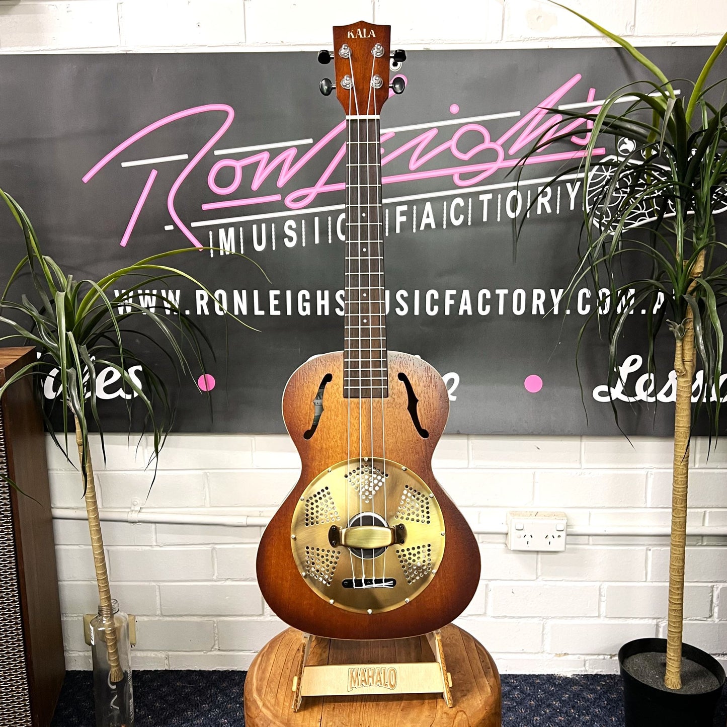 Wooden resonator guitar on a stand with 'Ronleighs Music Factory' sign in the background