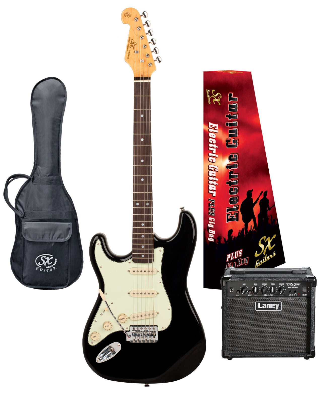 SX VES62LHB Left Hand Guitar + LANEY LX15 Amp Package - Black