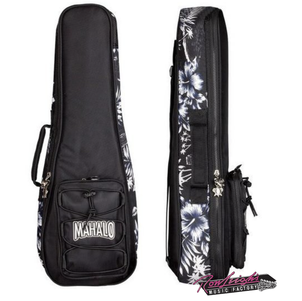 MAHALO Ukulele Bag- Black with Hawaiian Design - Tenor